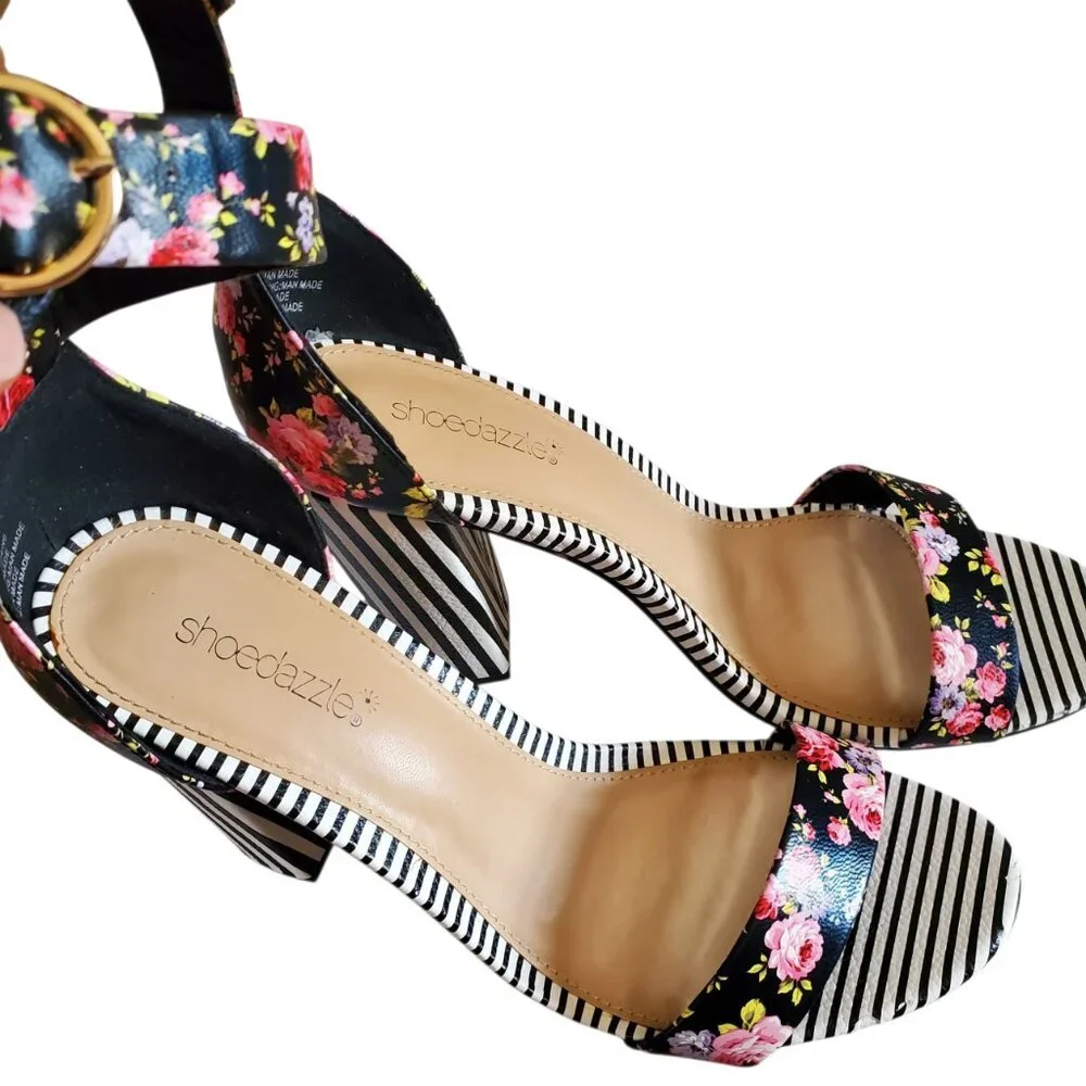 FLORAL AND STRIPES OPEN TOE HEELS SIZE 11